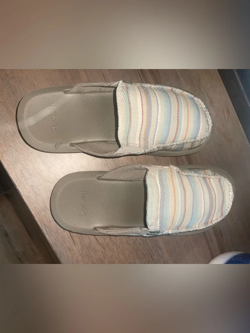 Sanuk Canvas Slip-On Loafers in Cream with Multicolor Pastel Stripes